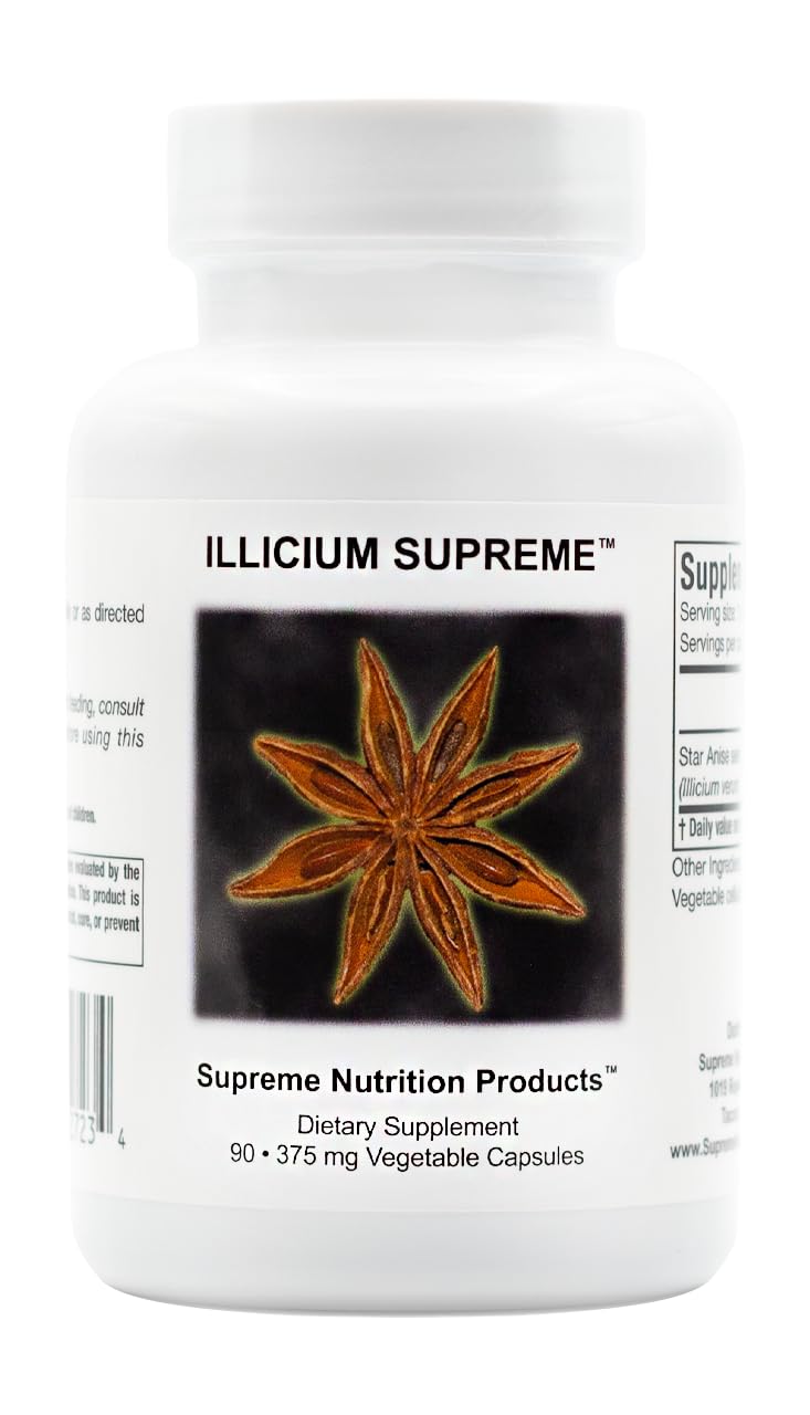 Bottle of Supreme Nutrition Illicium Verum star anise capsules with label