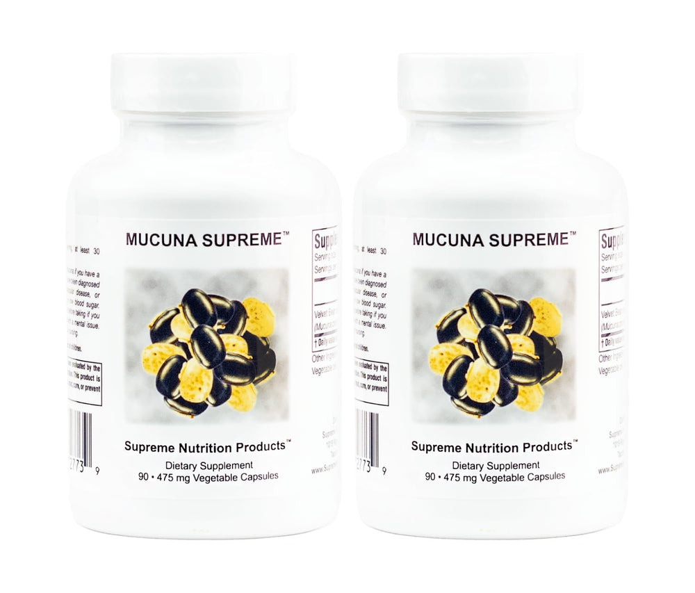 Supreme Nutrition Mucuna Supreme front packaging showing two bottles and label benefits