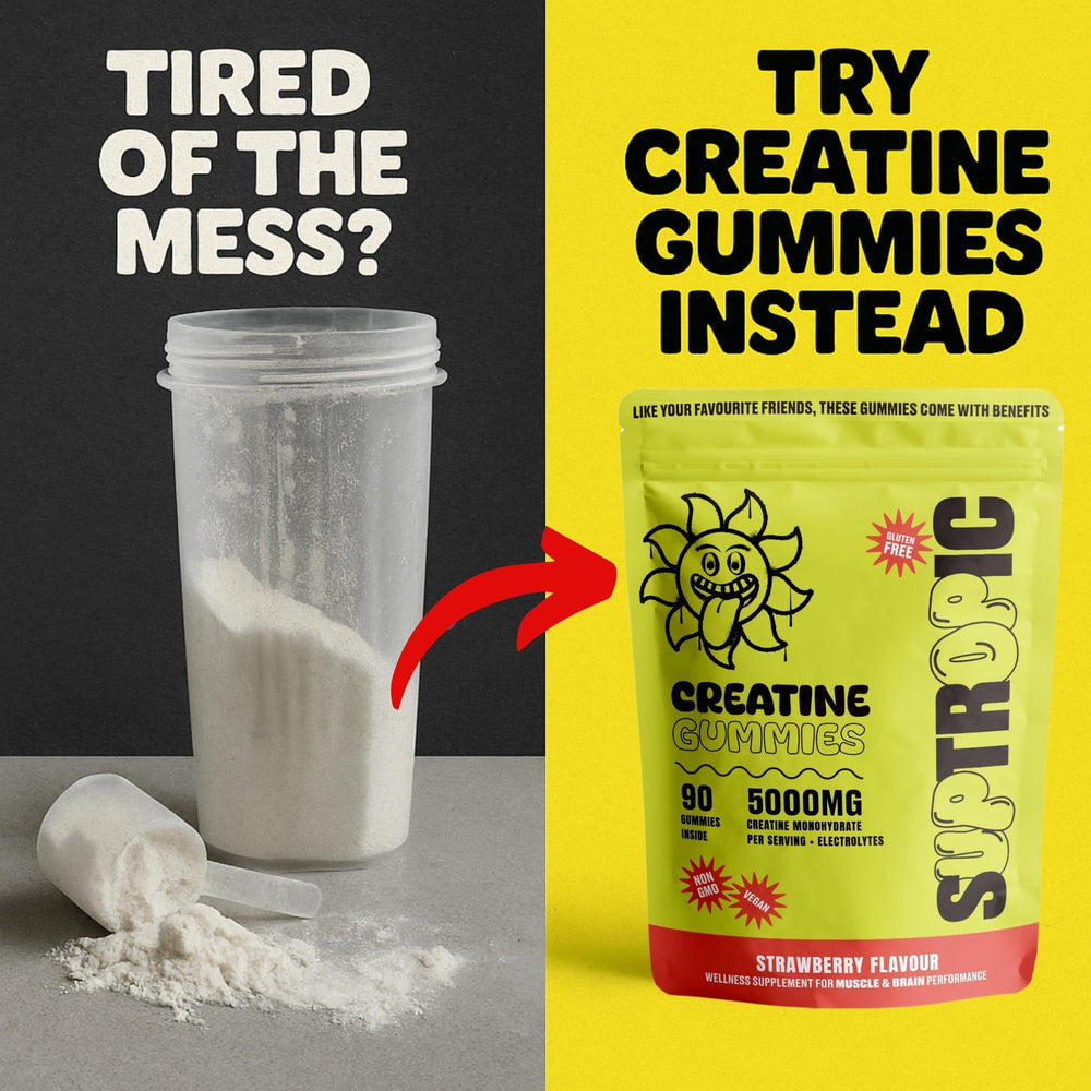 Close-up of strawberry-flavored SUPTROPIC Creatine Gummies