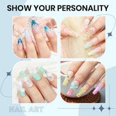 SUPWEE Nail-art setup with chrome powder and sequins for shimmering designs.