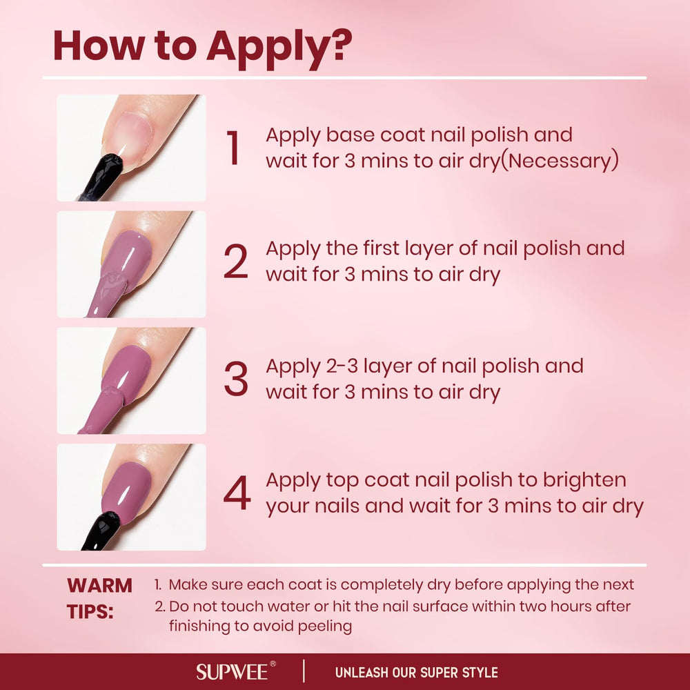 SUPWEE Nude Nail Polish Set quick-dry feature illustrated for time-saving manicure.