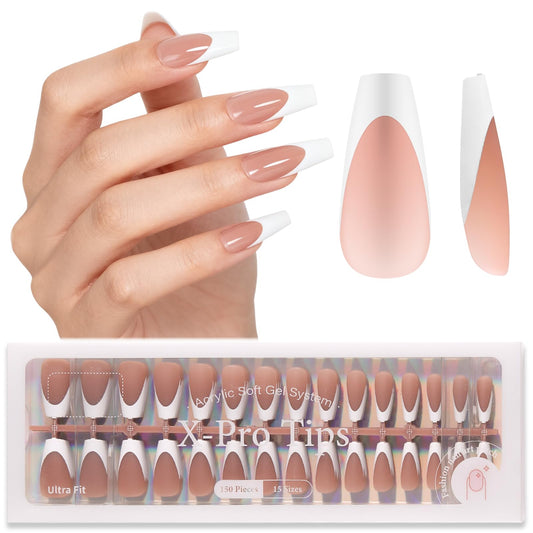 SUTOKAKA French tip press-on nails set with 150 pieces for easy home DIY gel manicure.
