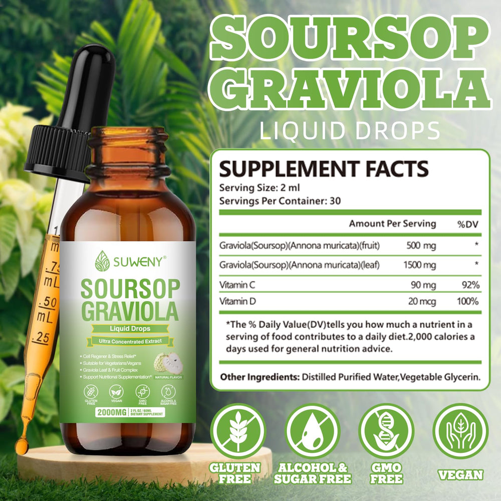 Close-up of SUWENY Soursop Graviola Liquid Drops bottle with dropper