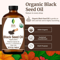 Close-up of SVA Black Seed Oil organic bottle