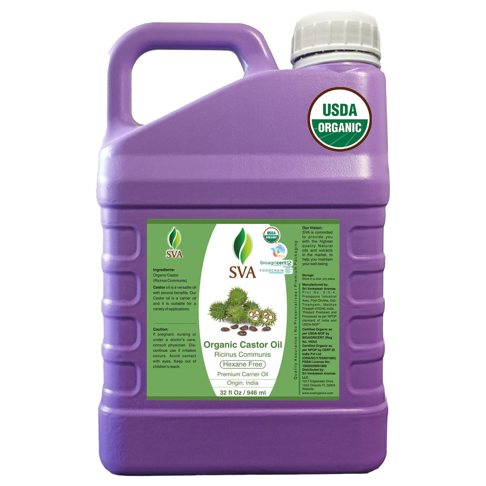 Front view of SVA Castor Seed Oi Organic Castor Oil bottle 32 oz