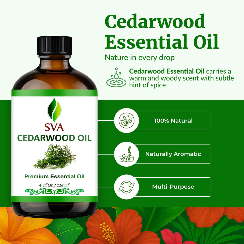 Close-up of SVA Cedarwood essential oil bottle