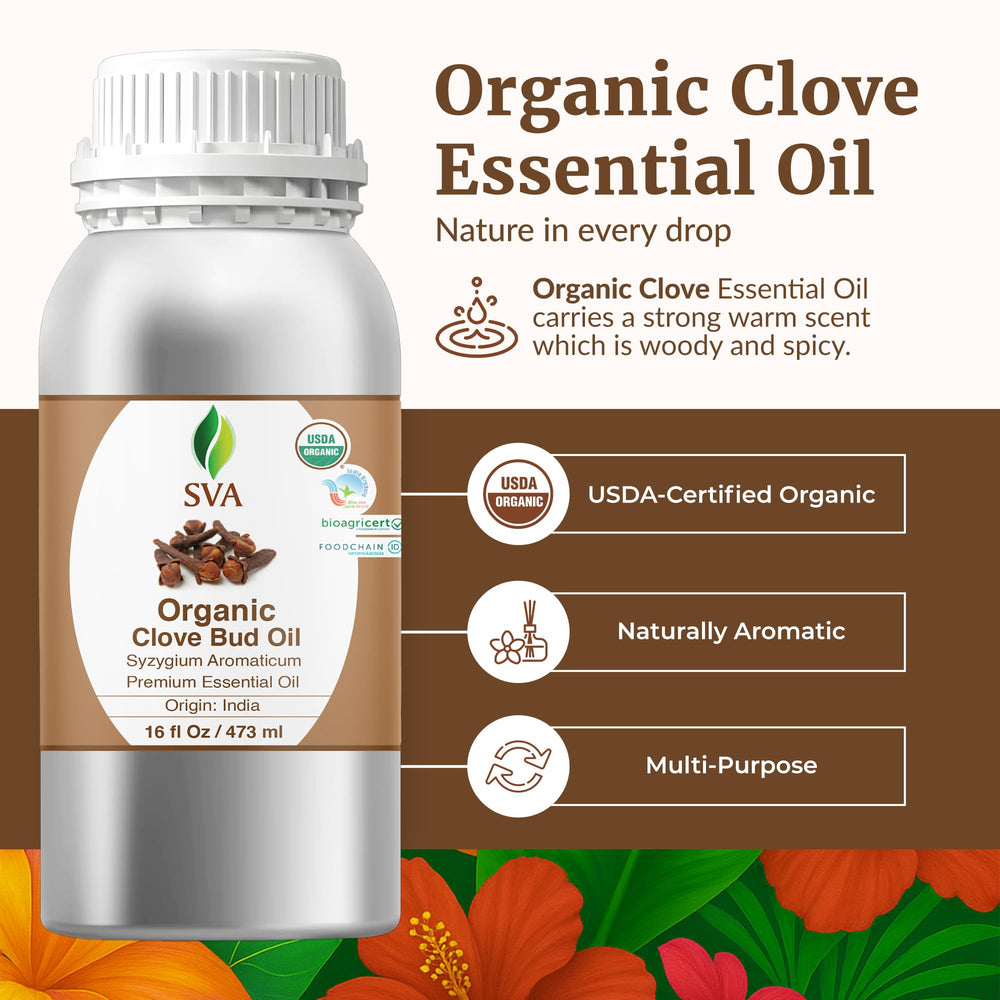 SVA Organic Clove Bud Essential Oil 16oz label close-up