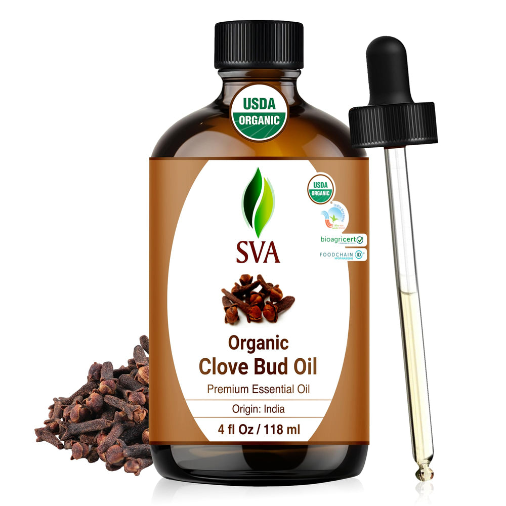 SVA Organic Clove Bud Essential Oil 4 oz bottle with dropper