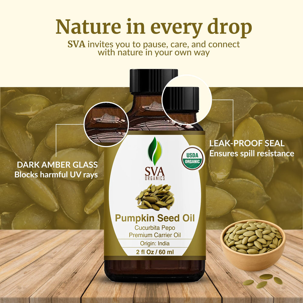 Label on SVA Organic Pumpkin Seed Oil bottle showing organic and natural claims