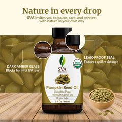 Label on SVA Organic Pumpkin Seed Oil bottle showing organic and natural claims