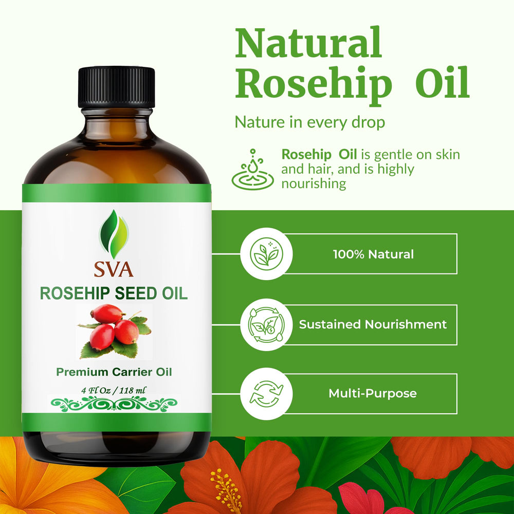 Close-up of SVA Rosehip Seed Oil 4oz bottle