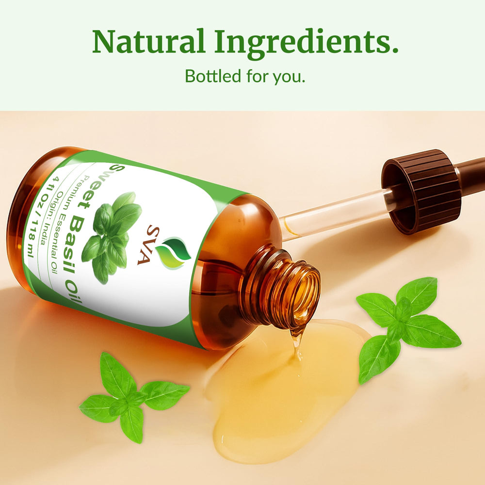 Dropper-top bottle of SVA Sweet Basil essential oil
