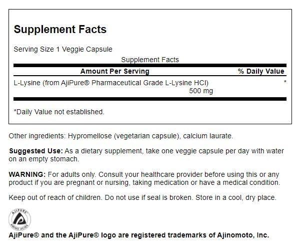 Close-up of Swanson Ajipure L-Lysine 500 mg vegetarian capsules container