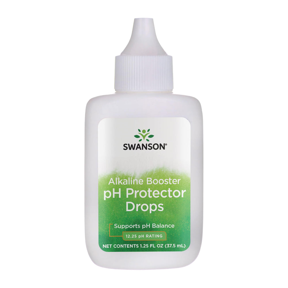 Swanson Alkaline Booster pH drops bottle showing 12.25 pH rating (1.25 oz).