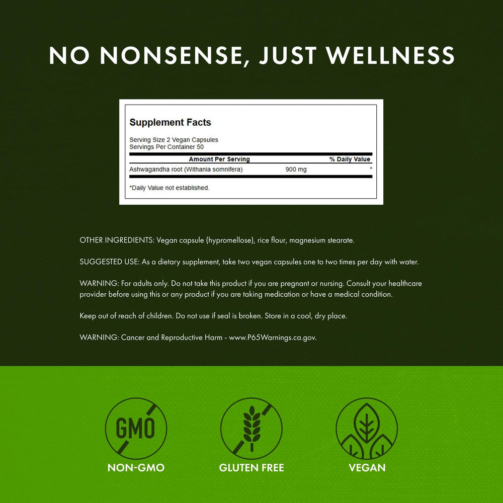 Close-up of ingredients label on Swanson Ashwagandha bottle
