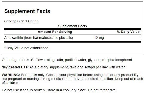 Close-up of Swanson Astaxanthin 12 mg label