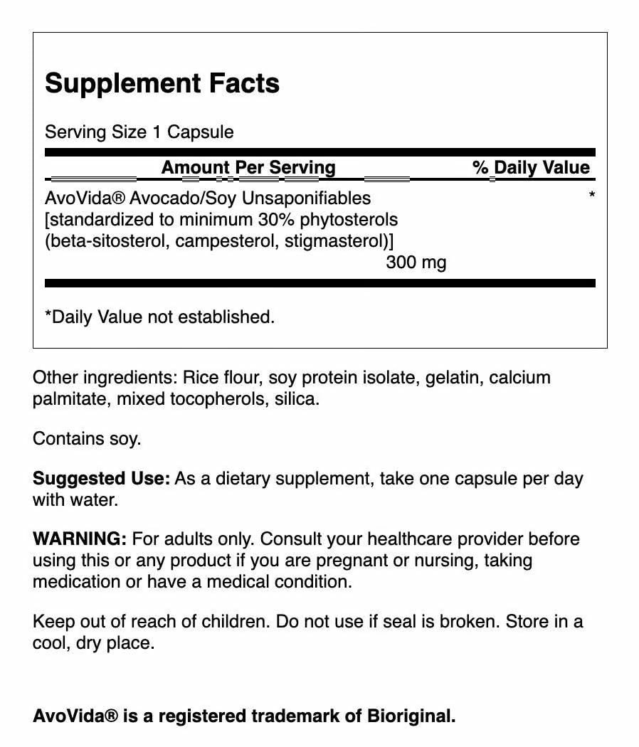 Swanson AvoVida bottle label close-up highlighting phytosterols