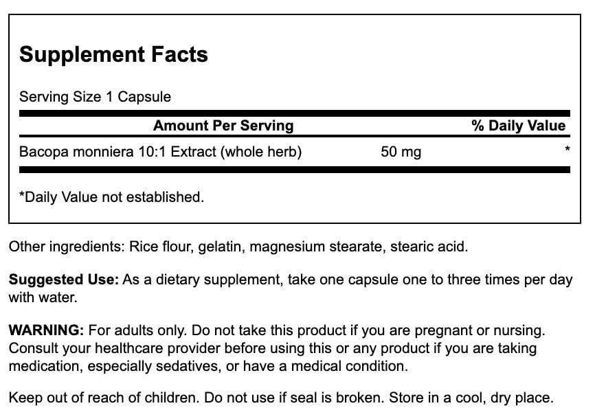 Swanson Bacopa Monniera 10:1 Extract bottle back label and capsules