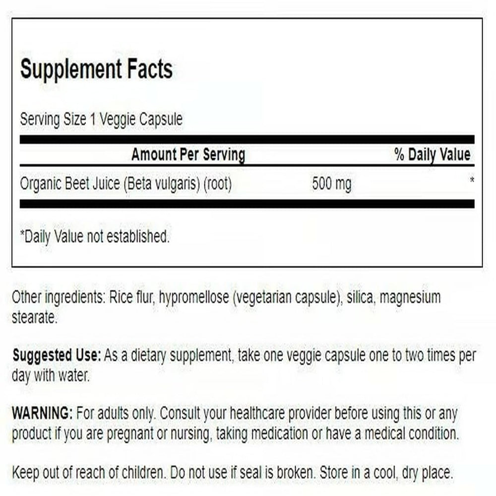 Close-up view of Swanson beet juice capsules, 500 mg per capsule