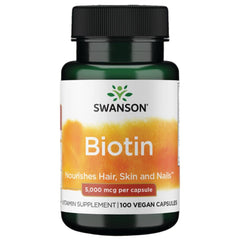 Swanson Biotin 5000 mcg bottle with 100 capsules on white