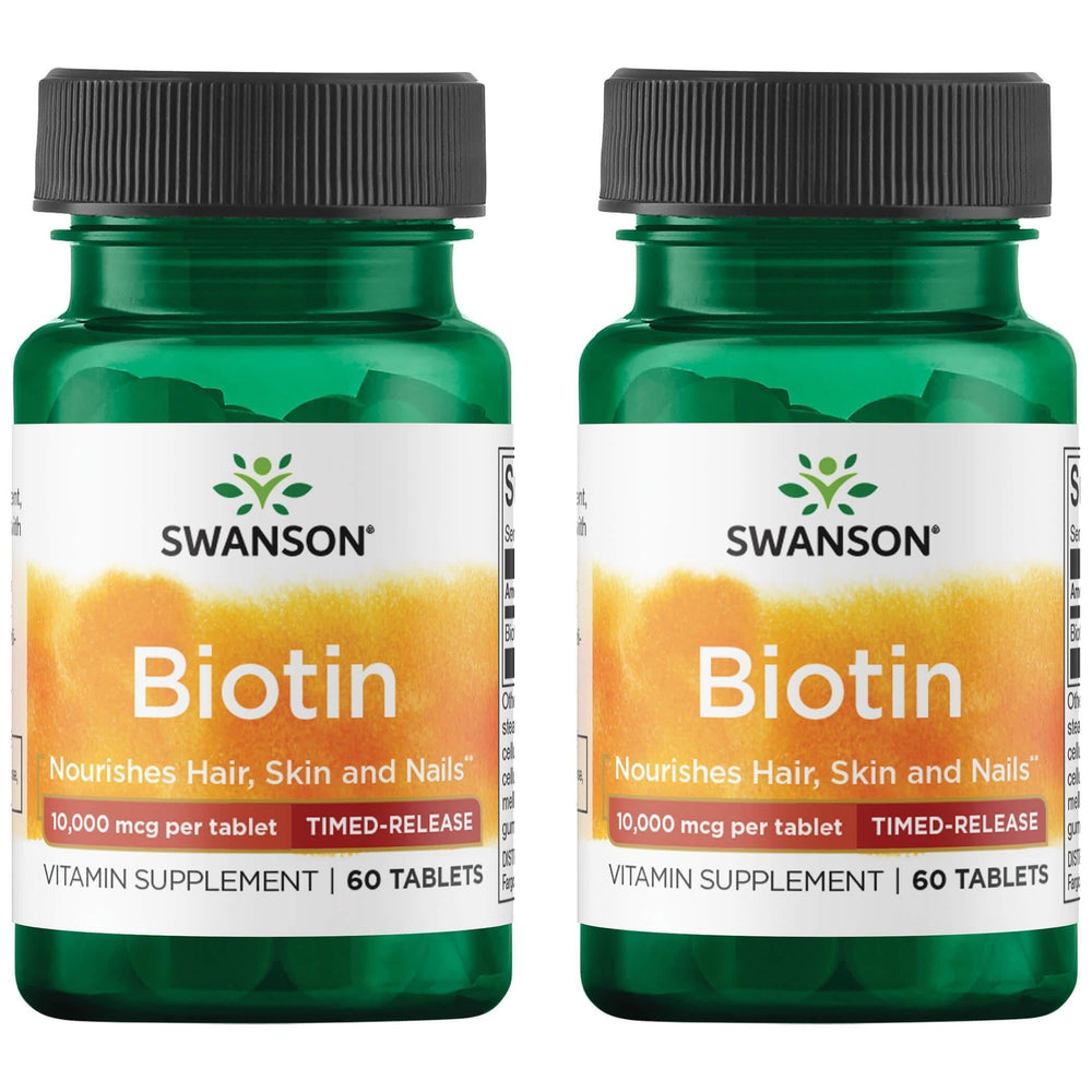 Swanson Biotin Timed-Release 10,000 mcg - 60 Tabs (2 Pack) bottle and capsules