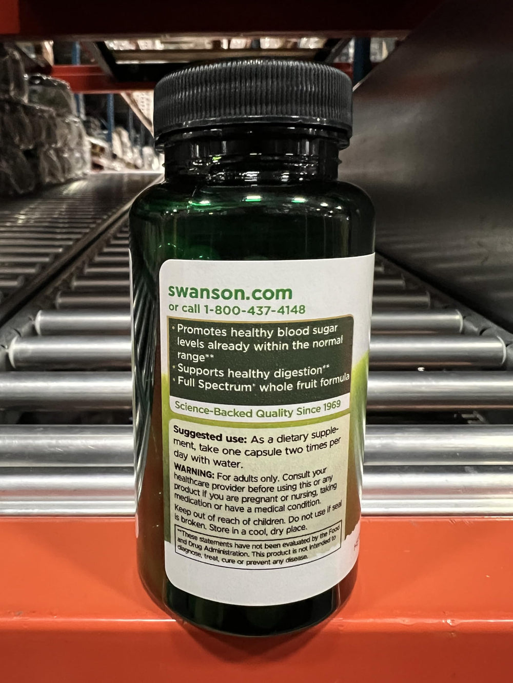 Back of bottle - supplement facts and GMP information