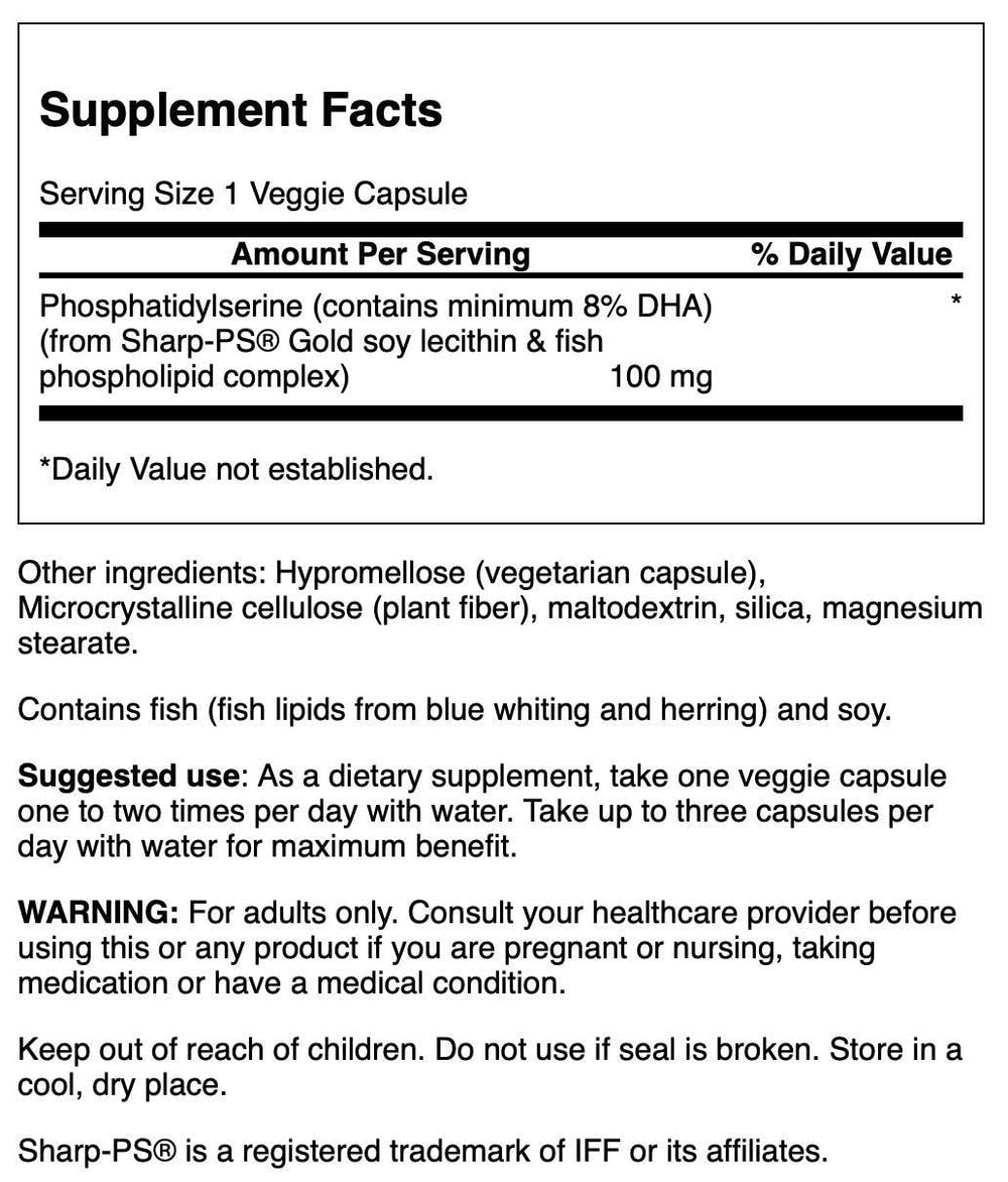 Close-up of Swanson PS with DHA 100 mg 30 capsules bottle label