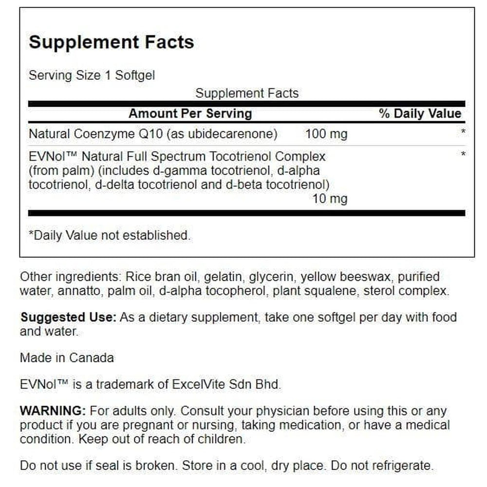 Supplement facts panel for CoQ10 and tocotrienols