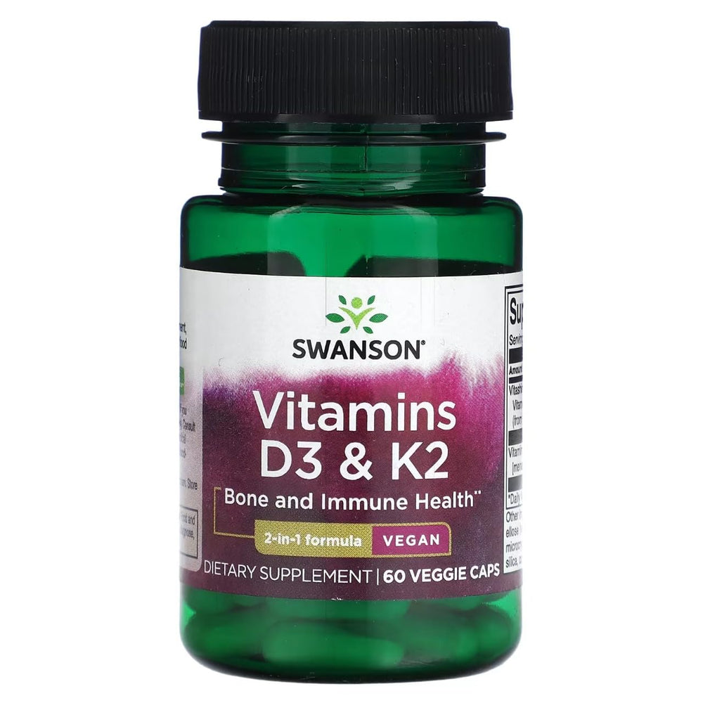 Swanson Vitamins D3 & K2 bottle front with 60 vegan capsules