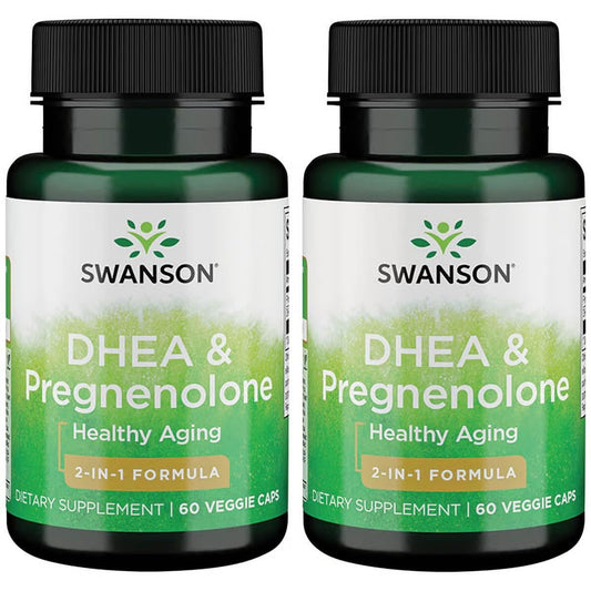 Bottle of Swanson DHEA and Pregnenolone Complex 60 Veg Capsules (2 Pack) – front view