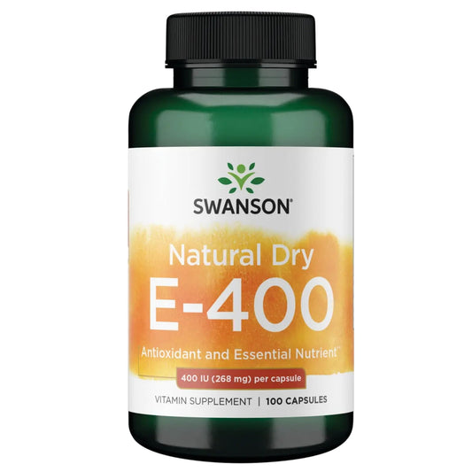 Bottle of Swanson Dry Vitamin E 400 IU 100 capsules