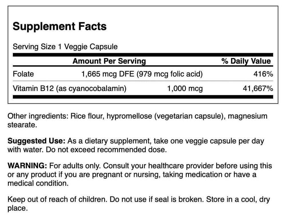 Swanson Folic Acid & Vitamin B-12 30 Veg Capsules - Supplement Facts label