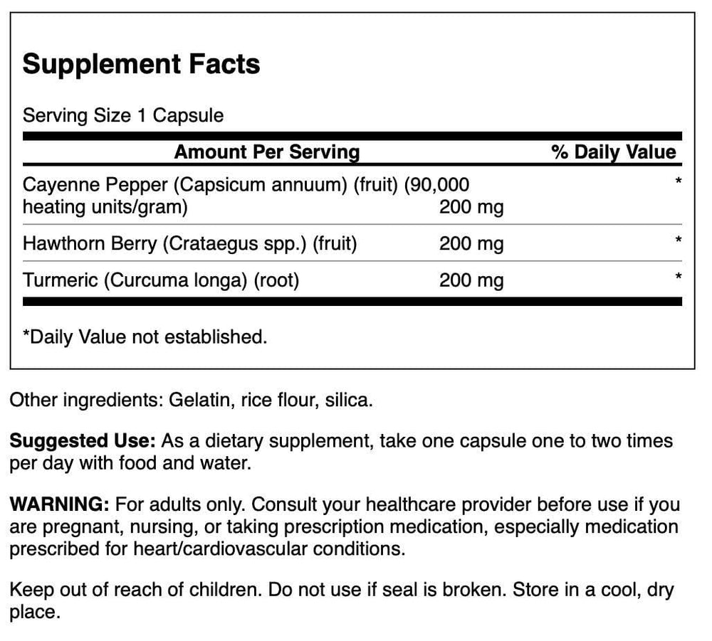 Swanson Full Spectrum Turmeric Hawthorn & Cayenne 60 Capsules - supplement facts label