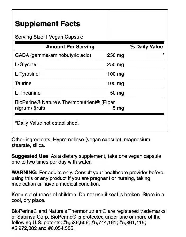 Gabaplex supplement facts label with L-Tyrosine and L-Theanine