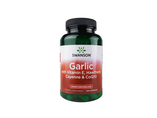 Swanson Garlic W/E bottle with Hawthorn Cayenne CoQ10 label