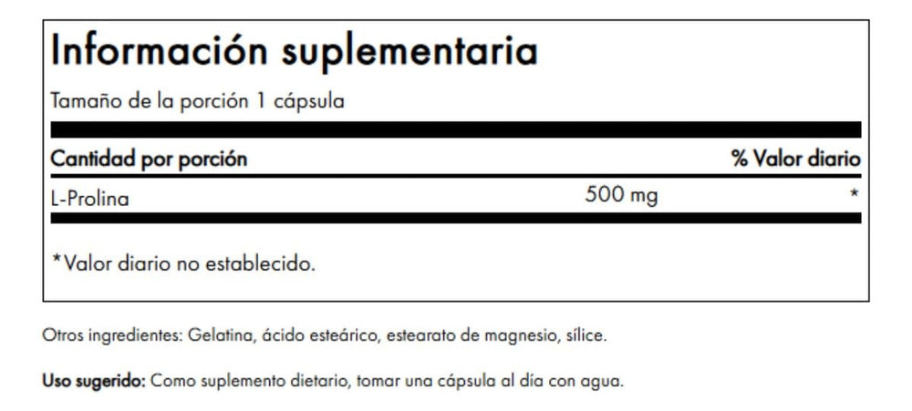 Close-up of Swanson L-Proline 500 mg capsules highlighting collagen and connective tissue support
