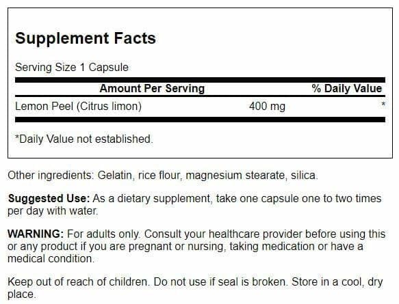 Swanson Lemon Peel 400 Milligrams bottle back with label