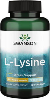 Bottle of Swanson Amino Acid Free-Form L-Lysine 500 mg with 100 capsules