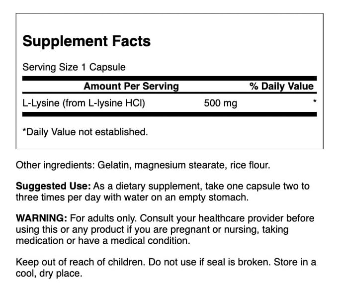 Side view of Swanson Lysine 500 mg bottle showing supplement facts