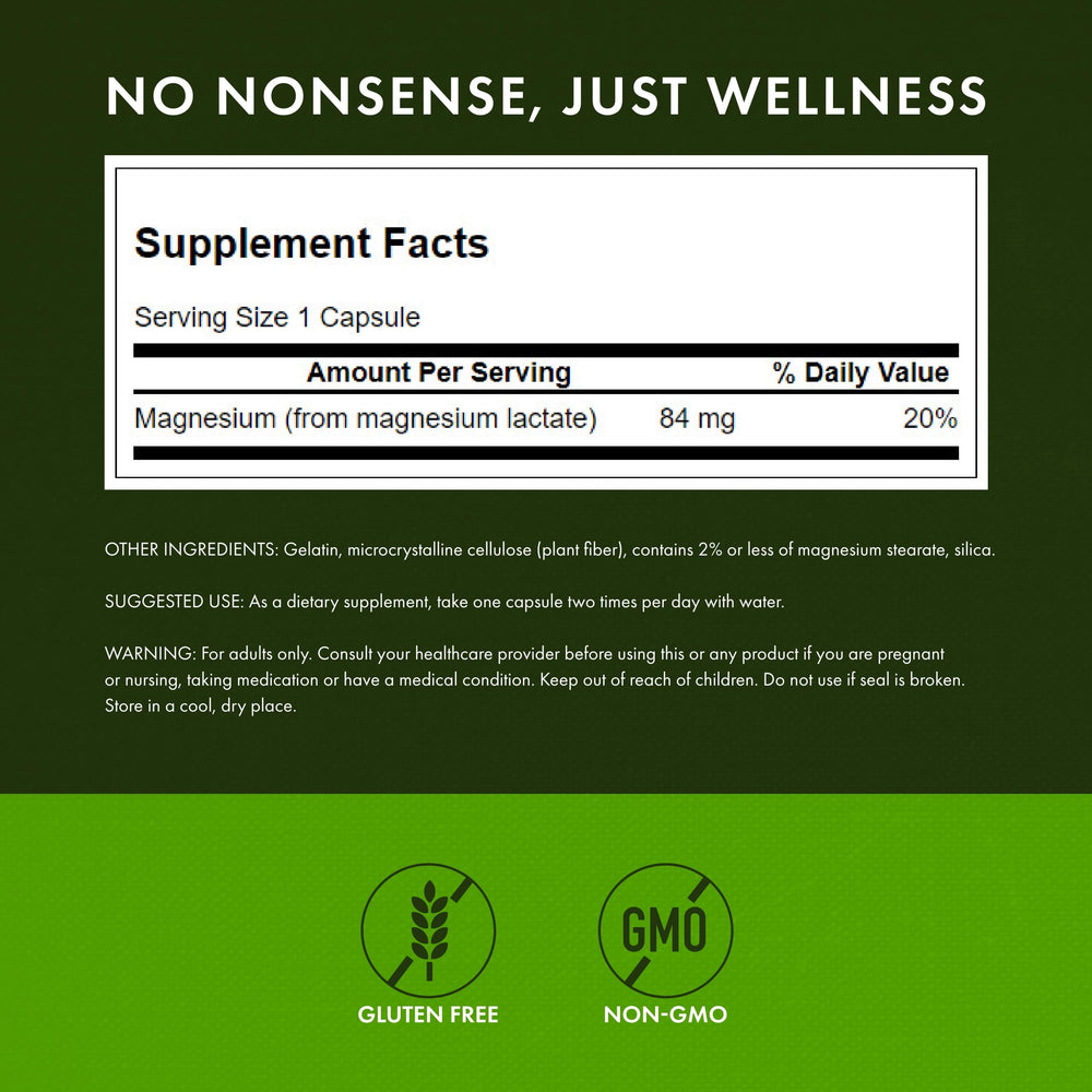 Swanson Magnesium Lactate bottle label displaying 84 mg per capsule
