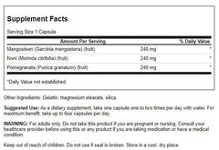 Swanson Mangosteen/Pomegranate/Noni Complex capsules beside packaging