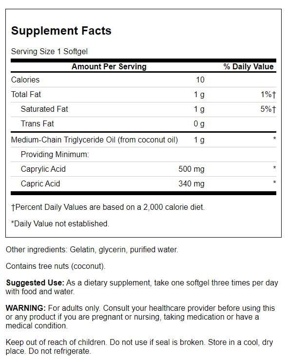 Close-up of Swanson MCT Pure 1000 mg Softgels label