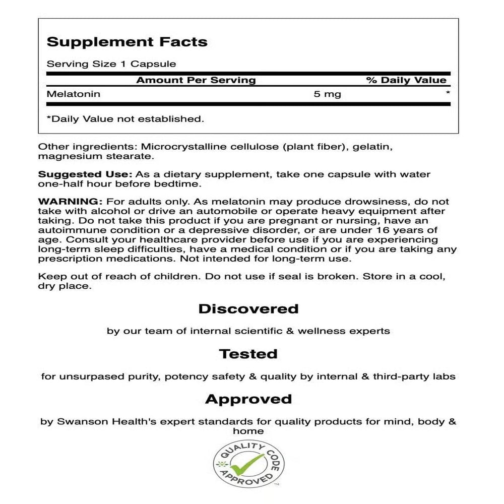 Close-up of Melatonin 5mg 60-capsule bottle label