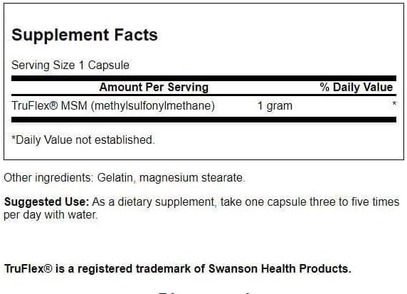Swanson MSM 1,000 mg 120 capsules bottle back label