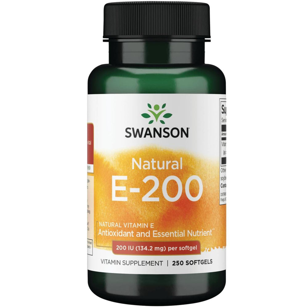 Bottle of Swanson Vitamin E 200 IU softgels with label