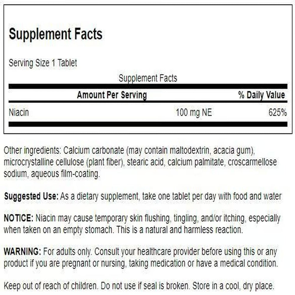 Close-up of Swanson Niacin label detailing 100 mg NE per capsule