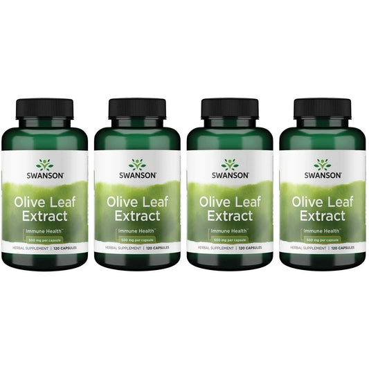 Swanson Olive Leaf Extract Capsules bottle with 20% oleuropein, 120 capsules per bottle, 500mg each, four bottles