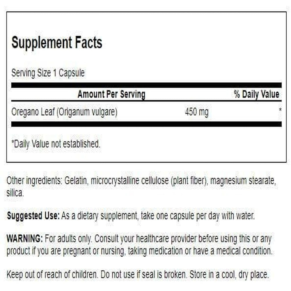 Close-up of Swanson Oregano 450 mg label with 90 capsules