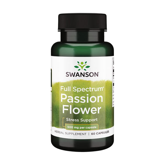 Swanson Full-Spectrum Passion Flower Stress Support bottle label showing 60 capsules
