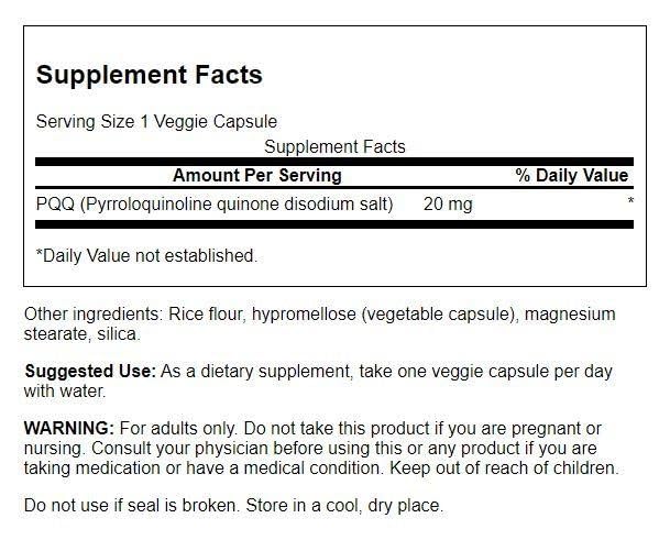 Close-up of Swanson PQQ 20 mg vegan capsules bottle label